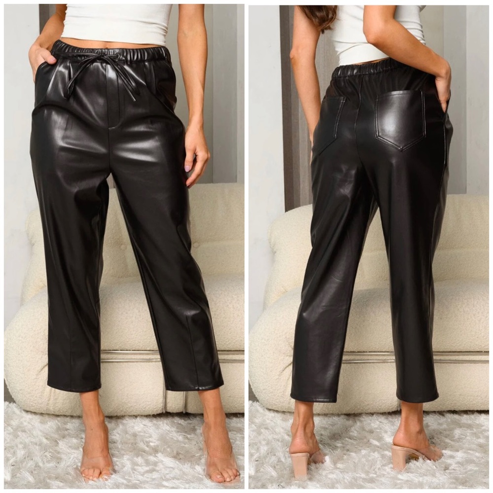 HYFVE Trendy Chic Black Pleather Straight Leg Pants - Picture 2 of 4